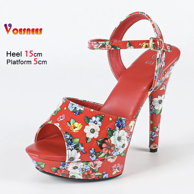 With Flower Print Women Summer Buckle Thick Platform Party Sandals 2025 New Fashion Model T Show Shoes 13CM 15CM 17CM High Heels