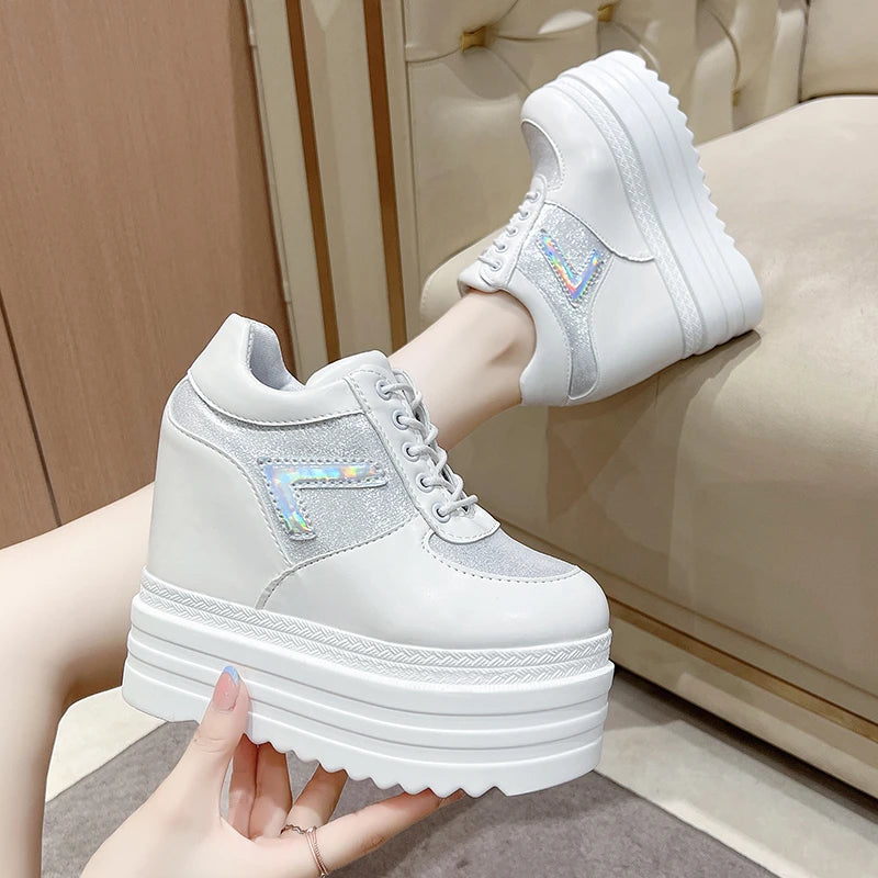 New 2025 Autumn Women High Platform Shoes Height Increasing Casual Shoes 13CM Thick Sole Trainers Leather Shoes Woman Sneakers