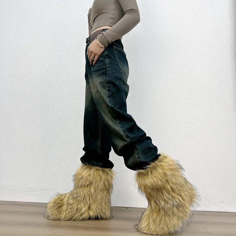 2023 Y2k Fur Snow Boots for Women Winter Warm Plush Boots Outdoor Platform Solid Color Mid Calf Boots Furry Cute Girl Shoes