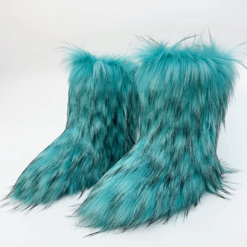 2023 Y2k Fur Snow Boots for Women Winter Warm Plush Boots Outdoor Platform Solid Color Mid Calf Boots Furry Cute Girl Shoes