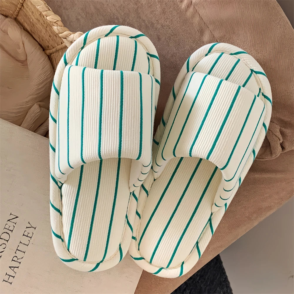 Comfortable Cotton Linen Slippers Women Stripe Design Soft Floor Shoes Four Seasons