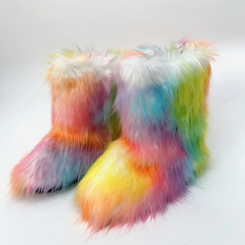 2023 Y2k Fur Snow Boots for Women Winter Warm Plush Boots Outdoor Platform Solid Color Mid Calf Boots Furry Cute Girl Shoes