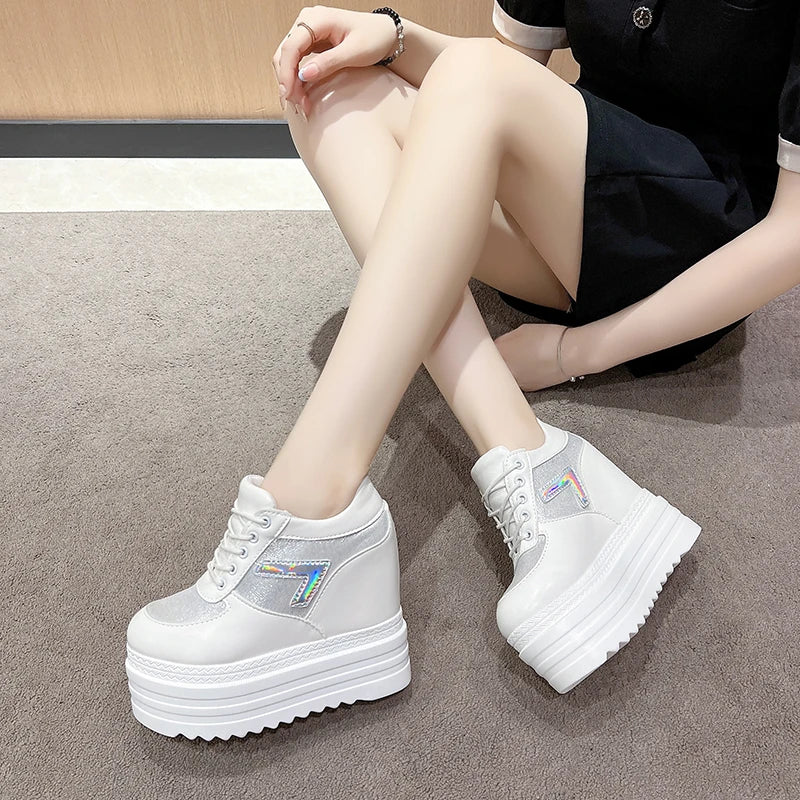 New 2025 Autumn Women High Platform Shoes Height Increasing Casual Shoes 13CM Thick Sole Trainers Leather Shoes Woman Sneakers