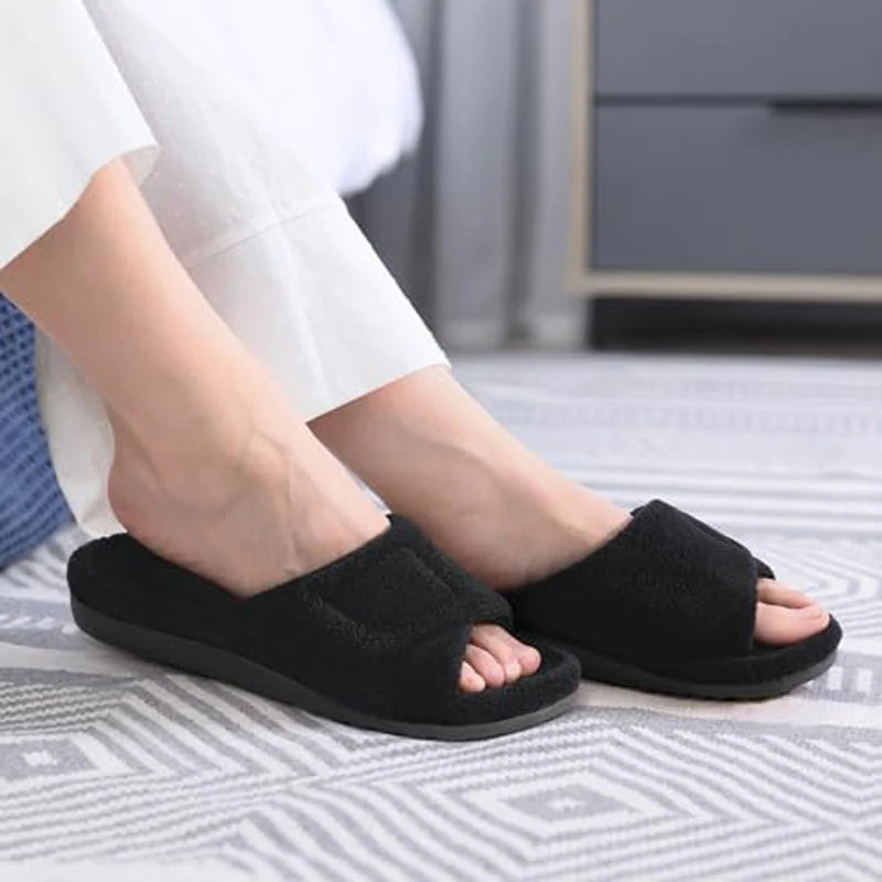 Pallene Winter Furry Women's Orthopedic Slippers With Arch Support Home Slides Open Toe Non-slip Slippers With Velcro Adjustable