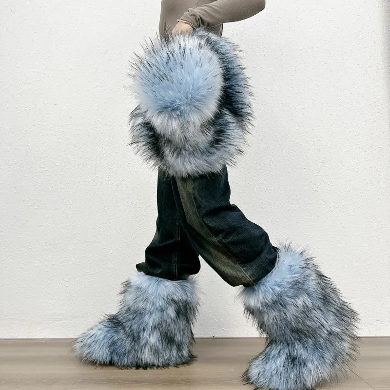2023 Y2k Fur Snow Boots for Women Winter Warm Plush Boots Outdoor Platform Solid Color Mid Calf Boots Furry Cute Girl Shoes