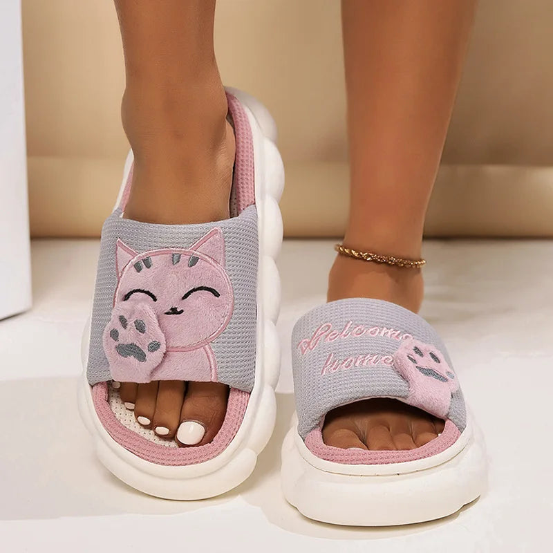 Home Linen Slipper for Women Cute Bunny Clouds Flip Flops Female Design Cozy Shoes Slides Four Season Platform Couples Sandals