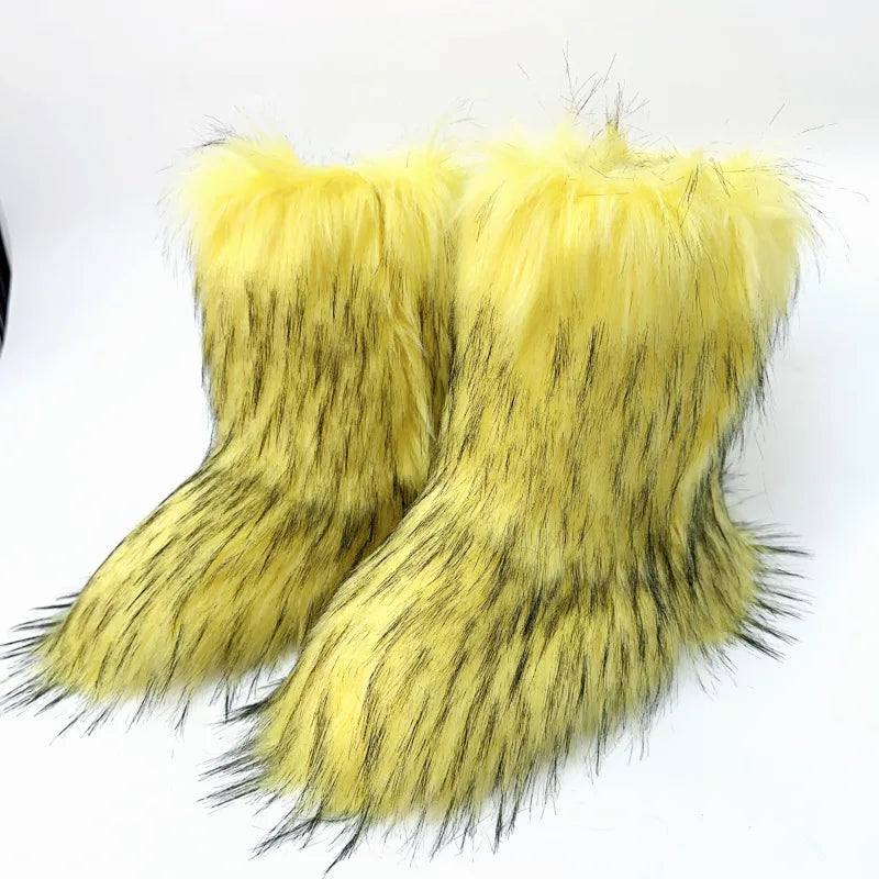 2023 Y2k Fur Snow Boots for Women Winter Warm Plush Boots Outdoor Platform Solid Color Mid Calf Boots Furry Cute Girl Shoes