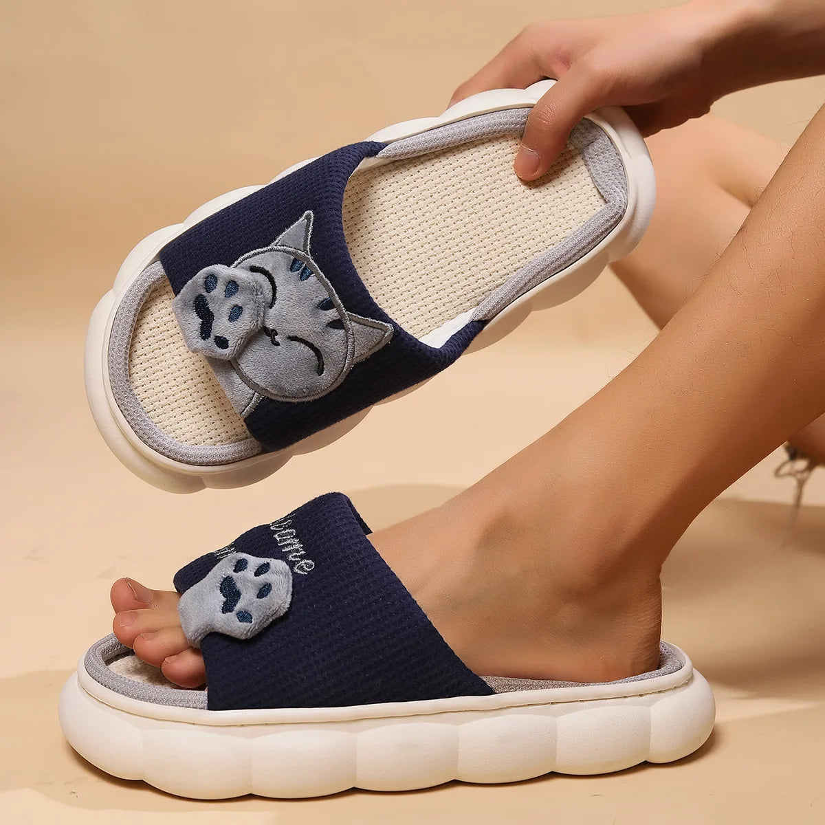 Home Linen Slipper for Women Cute Bunny Clouds Flip Flops Female Design Cozy Shoes Slides Four Season Platform Couples Sandals