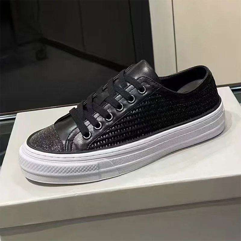 Classic Casual Sneakers Women Genuine Leather String Bead Round Toe Lace Up Flat Shoes Woman Braided Patchwork Walk Shoes Woman