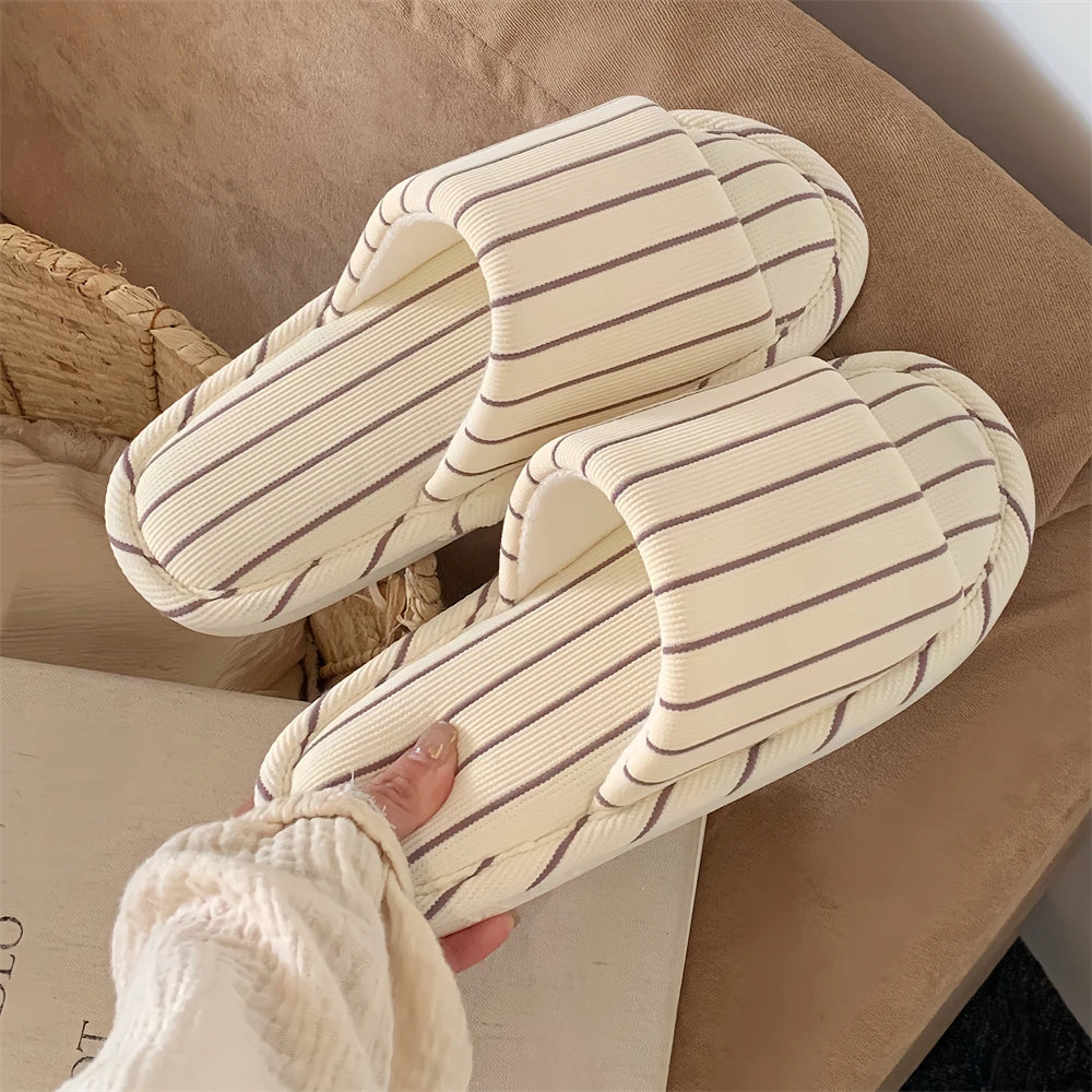 Comfortable Cotton Linen Slippers Women Stripe Design Soft Floor Shoes Four Seasons