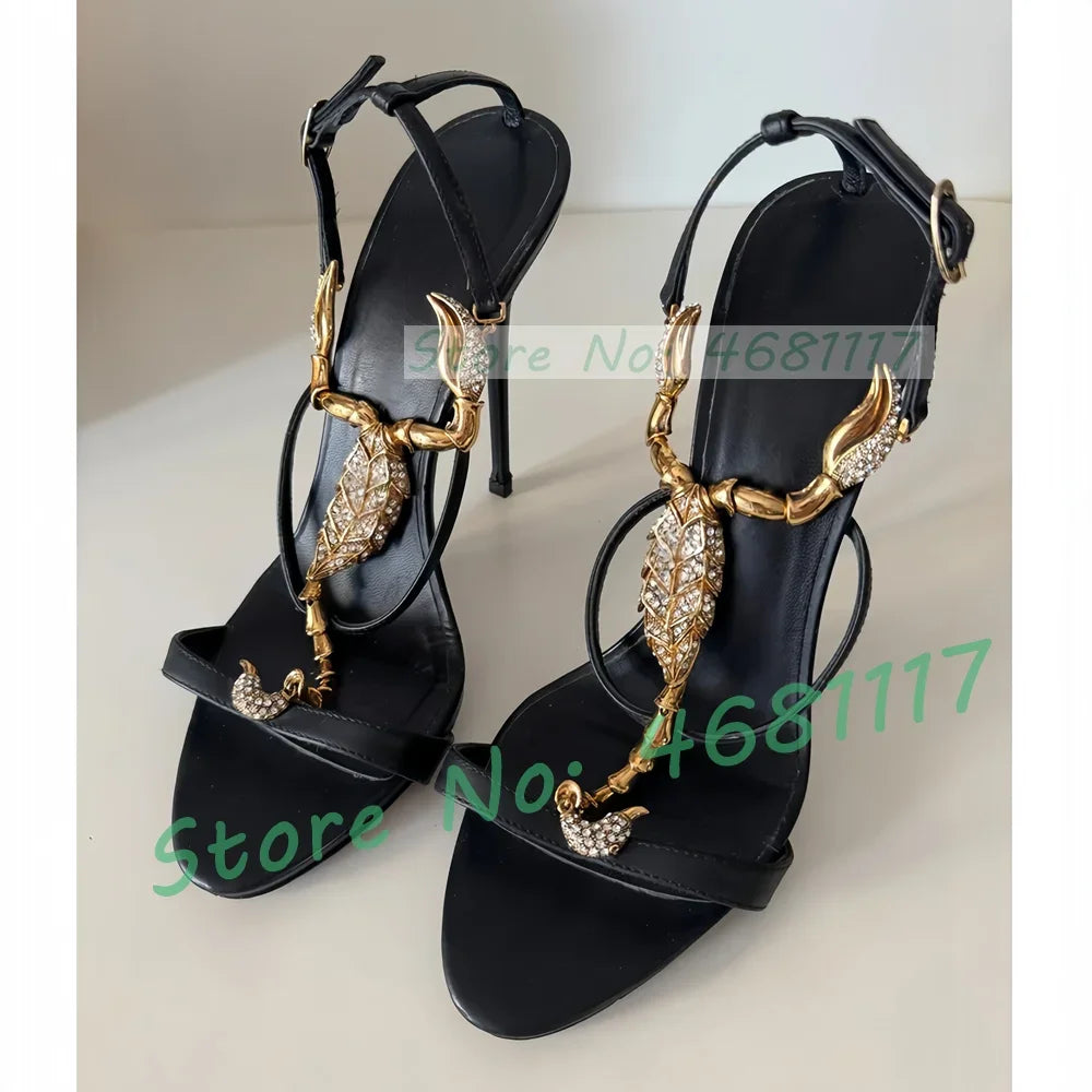 Black Leather Sandals With Gold Luxury Hardware Women Sparkly Cross T Strap Studded Shoes Ladies Party Ankle Strap Bling Sandals