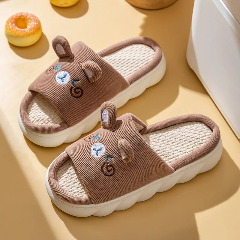 Home Linen Slipper for Women Cute Bunny Clouds Flip Flops Female Design Cozy Shoes Slides Four Season Platform Couples Sandals