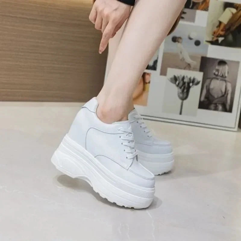 New Women Sneakers Genuine Leather Casual Platform Trainers Black Shoe 11CM Heels Autumn Wedges Woman Height Increasing Shoes