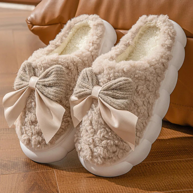 Sweet Bowknot Furry Indoor Slippers Women 2025 Winter Comfort Non Slip Home Cotton Slippers Warm Fluffy Fur Slides for Woman