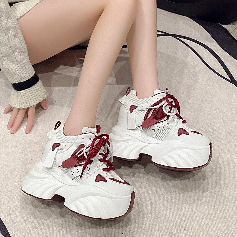 Women Platform Sneakers Lace-up Autumn 11CM Sports Dad Shoes High Top Chunky Casual Shoes Woman Thick Bottom Mesh White Shoes