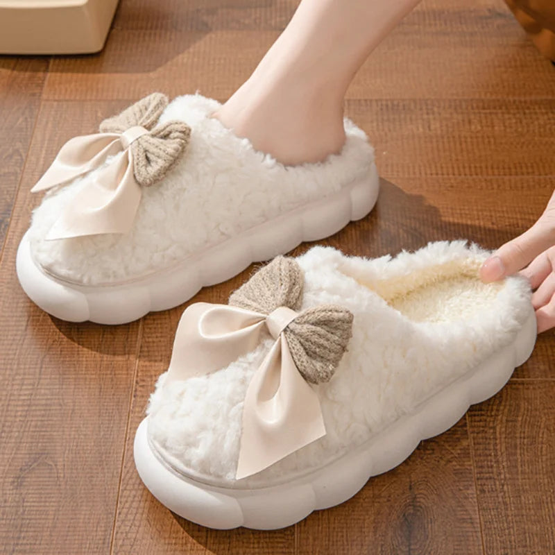 Sweet Bowknot Furry Indoor Slippers Women 2025 Winter Comfort Non Slip Home Cotton Slippers Warm Fluffy Fur Slides for Woman