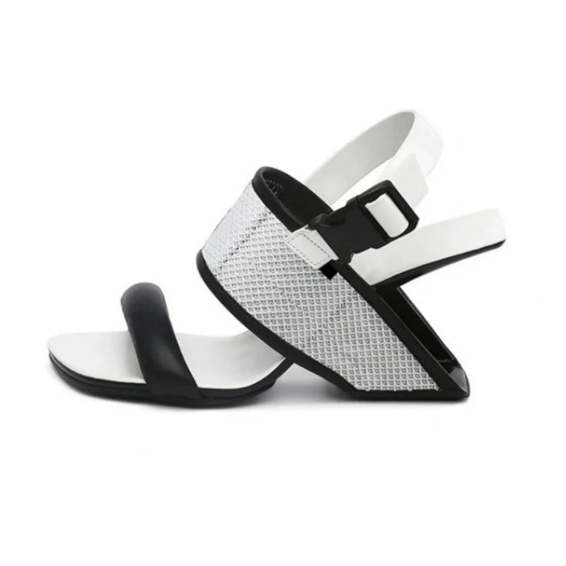 Summer Concise Sexy Women Sandals Square Toe Strange Heels Buckle Femme Pumps Shallow Peep Toe Solid Color Non-Slip Lady Shoes