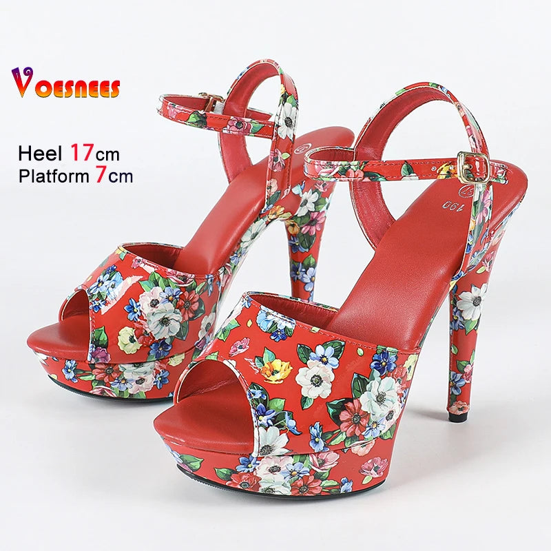With Flower Print Women Summer Buckle Thick Platform Party Sandals 2025 New Fashion Model T Show Shoes 13CM 15CM 17CM High Heels