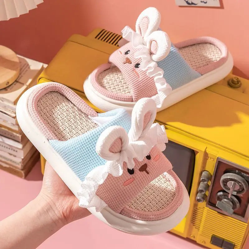 Home Linen Slipper for Women Cute Bunny Clouds Flip Flops Female Design Cozy Shoes Slides Four Season Platform Couples Sandals