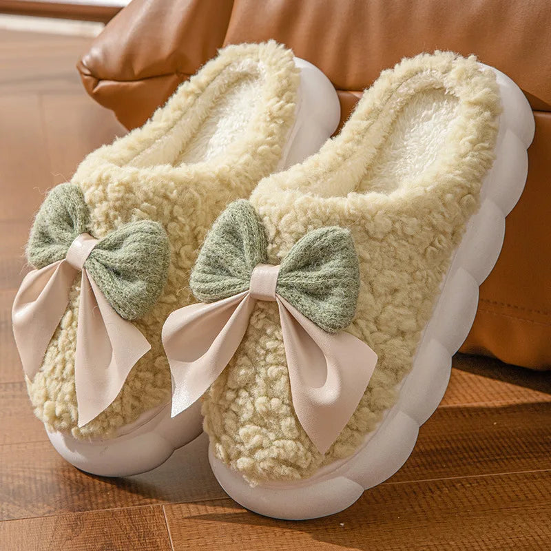 Sweet Bowknot Furry Indoor Slippers Women 2025 Winter Comfort Non Slip Home Cotton Slippers Warm Fluffy Fur Slides for Woman