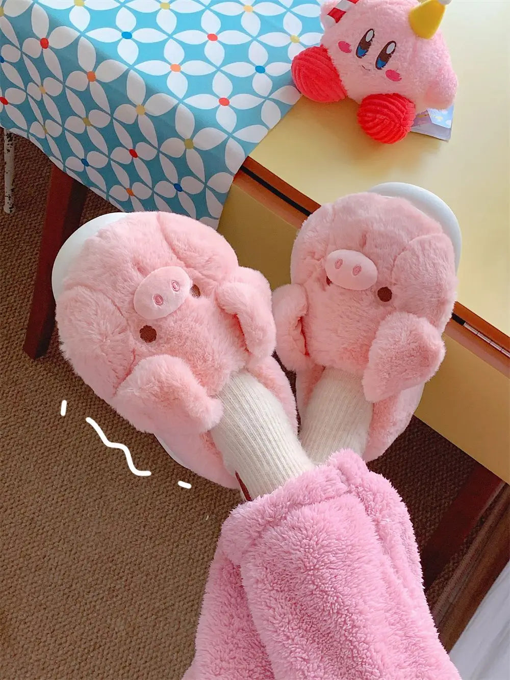 Feerldi Pink fluffy pig slippers women slip on animal slides indoor house furry cotton shoes warm 2024 new girls piggy shoes