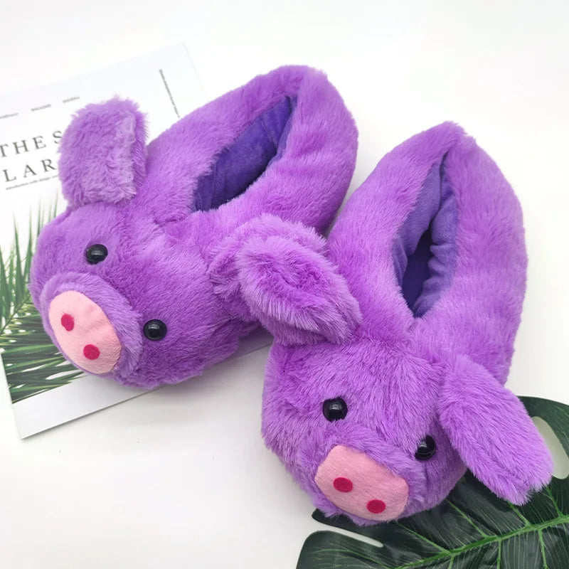 Furry stereoscopic piggy slippers home indoor slip-on fur loafers shoes ladies chunky roomy floor slippers pink animal slides
