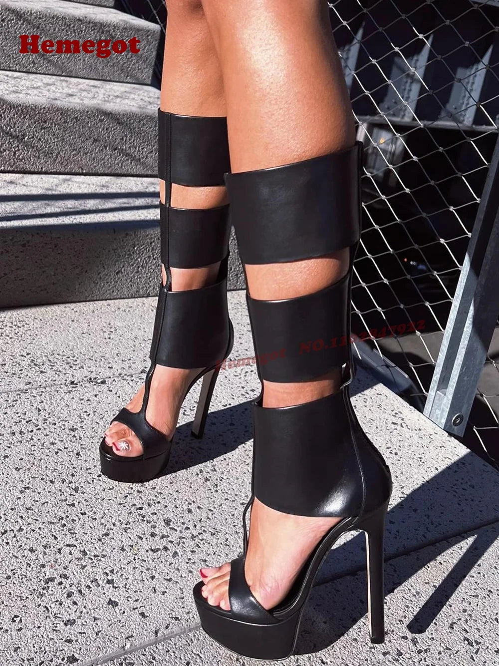 Black T-Strap Cut Out Gladiator Sandals Peep Toe Platform Stiletto High Heels Women's Sandals Solid Back Zipper Roman Shoes 2025