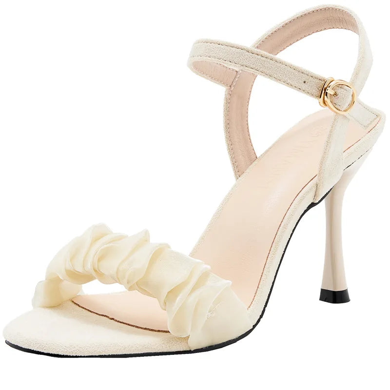 31-43 New High Heels Thin Heel Large Size Buckle Sandals Women Ribbon Fashion Black Women's Shoes