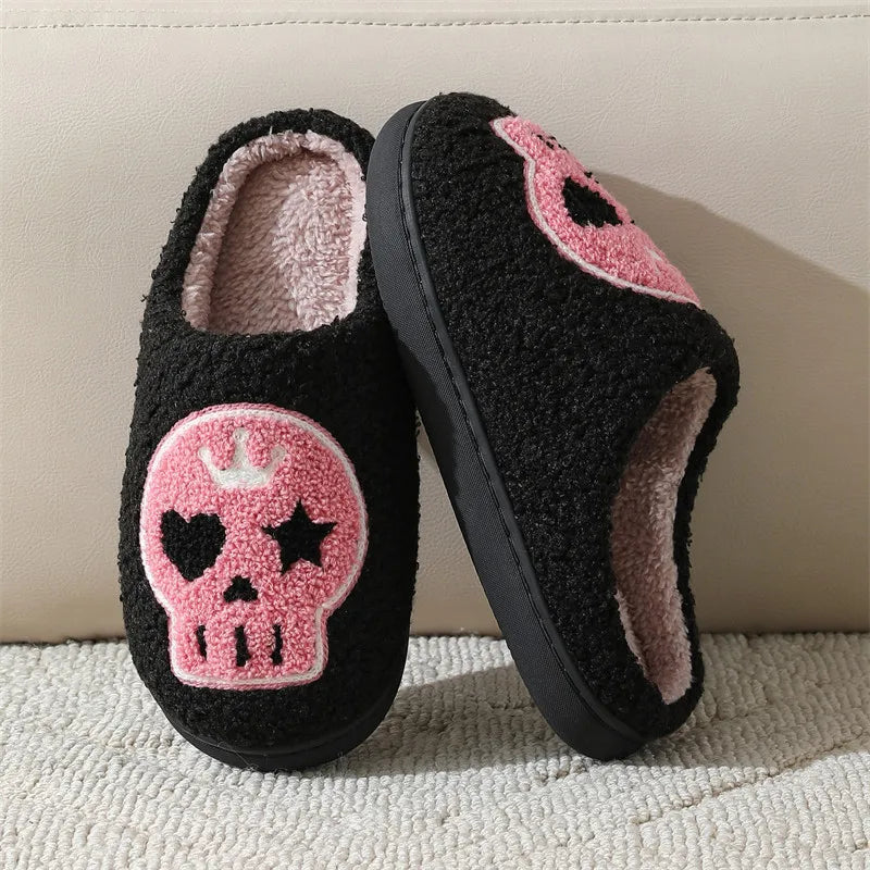 Punk Pink Skull Embroidery Couple Slippers Women 2025 Winter Comfort Flat Heel Cotton Slides Non Slip Plush Indoor Slippers
