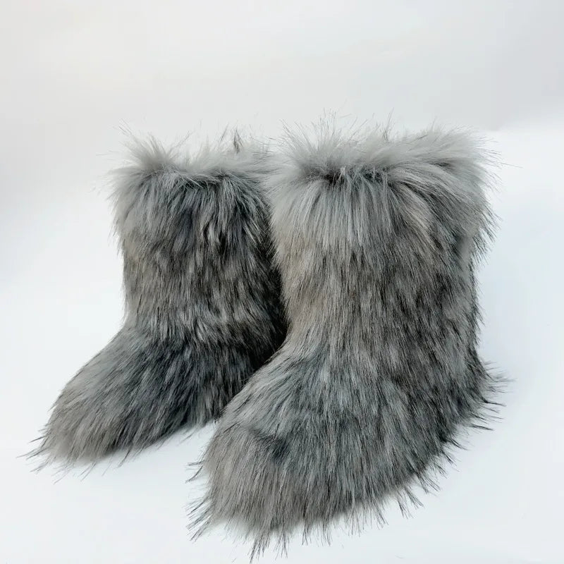 2023 Y2k Fur Snow Boots for Women Winter Warm Plush Boots Outdoor Platform Solid Color Mid Calf Boots Furry Cute Girl Shoes