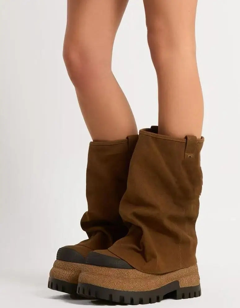 Europe And America Women's Slouchy Leather Boots Mid-Calf Length Chunky Street Style Accent Fashion Autumn/Winter Footwear