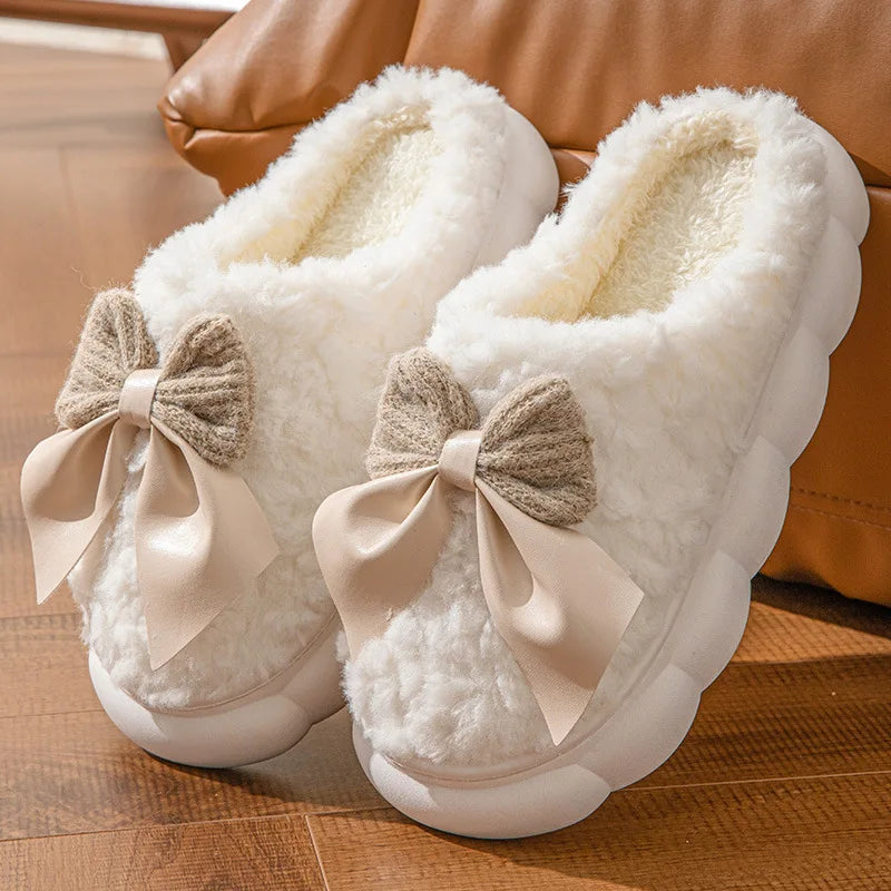 Sweet Bowknot Furry Indoor Slippers Women 2025 Winter Comfort Non Slip Home Cotton Slippers Warm Fluffy Fur Slides for Woman