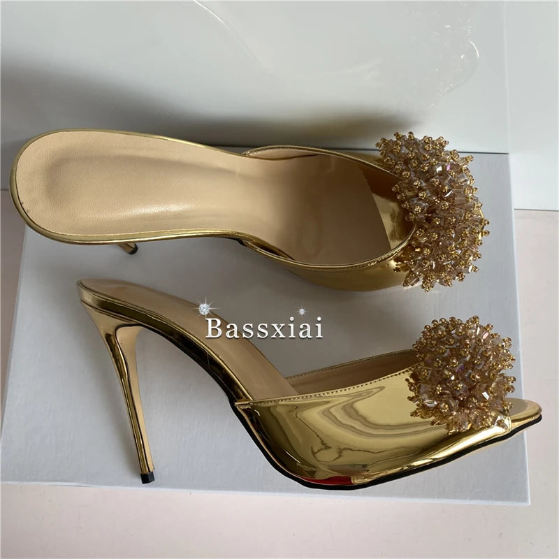 Crystal String Beads Flower Sandals Women 10cm Stiletto Heel Luxury Patent Leather Slingbacks Mules Summer
