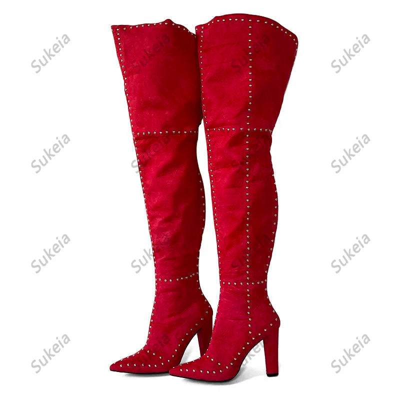Sukeia Handmade Women Winter Thigh Boots Sexy Rivets Chunky Heels Pointed Toe Beautiful Fuchsia Red Shoes Ladies US Size 5-15