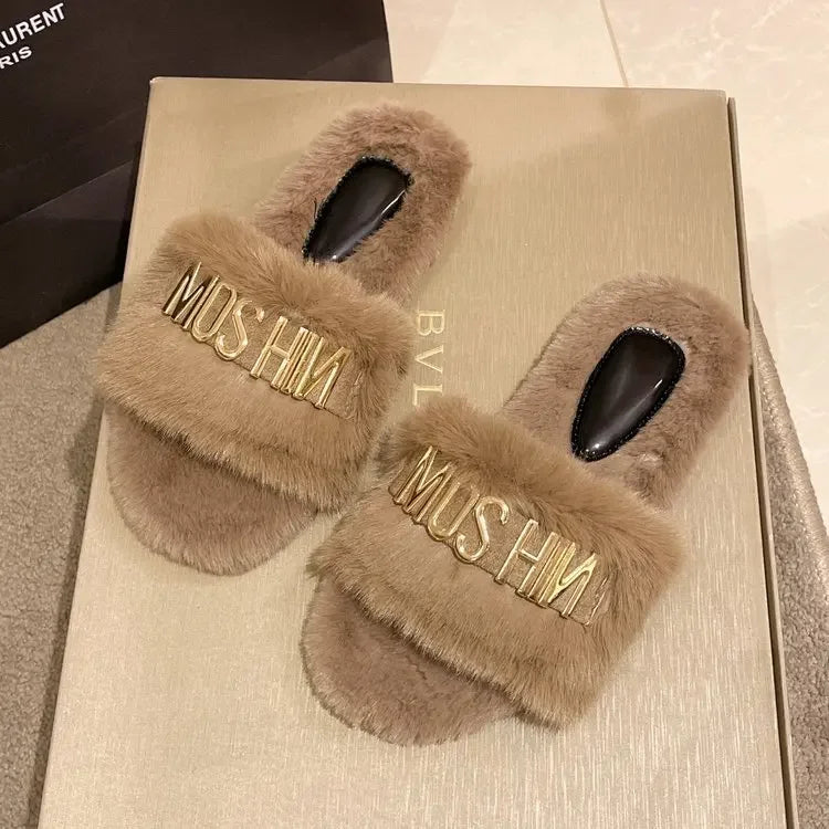 Plus Size 35-42 Plush Slippers Women Autumn and Winter New Fashion Metal Flat Cotton Slippers Non Slip Warm Zapatillas Planas