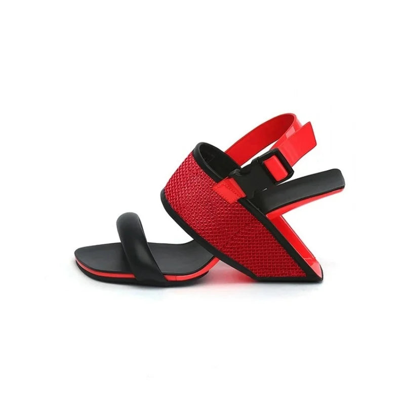 Summer Concise Sexy Women Sandals Square Toe Strange Heels Buckle Femme Pumps Shallow Peep Toe Solid Color Non-Slip Lady Shoes