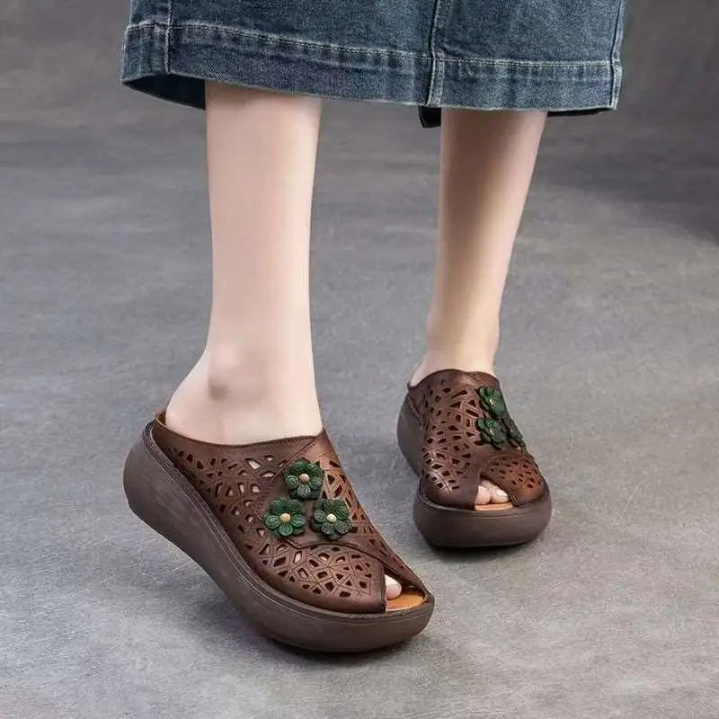 Women's summer sandal drag soft leather hollow retro middle-aged and elderly mom outside the fish mouth slippers