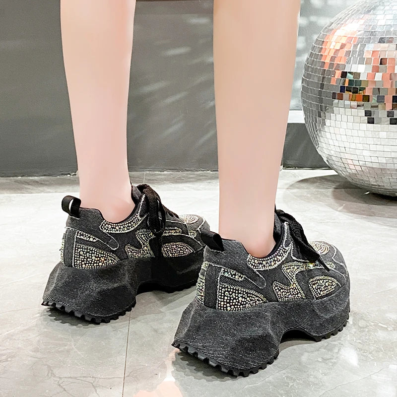 7CM Women Silver Crystal Casual Canvas Chunky Sneakers Woman Stylish Sport Shoes Lace-Up Platform Luxury Shoes zapatos mujer
