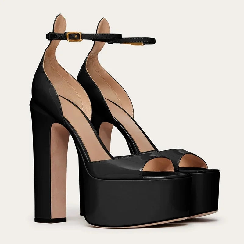 Platform Shallow Cover Heel Sandals Sexy Pointed Toe Ankle Buckle Belt Patent Leather New Arrivals Fashion Women Modern Shoes