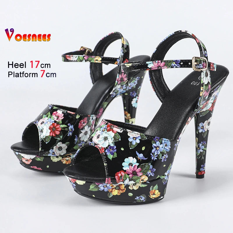 With Flower Print Women Summer Buckle Thick Platform Party Sandals 2025 New Fashion Model T Show Shoes 13CM 15CM 17CM High Heels