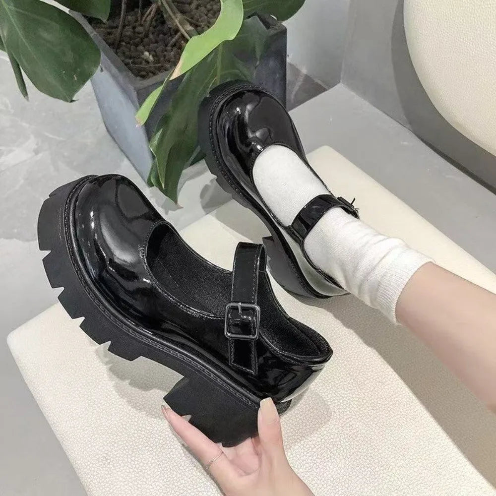 Mary Janes Lolita JK Leather Shoes Glossy/Matte Ankle Buckle Casual Single Shoes Platform Lolita Black High Heels Shoes Lady
