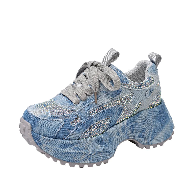 7CM Women Silver Crystal Casual Canvas Chunky Sneakers Woman Stylish Sport Shoes Lace-Up Platform Luxury Shoes zapatos mujer