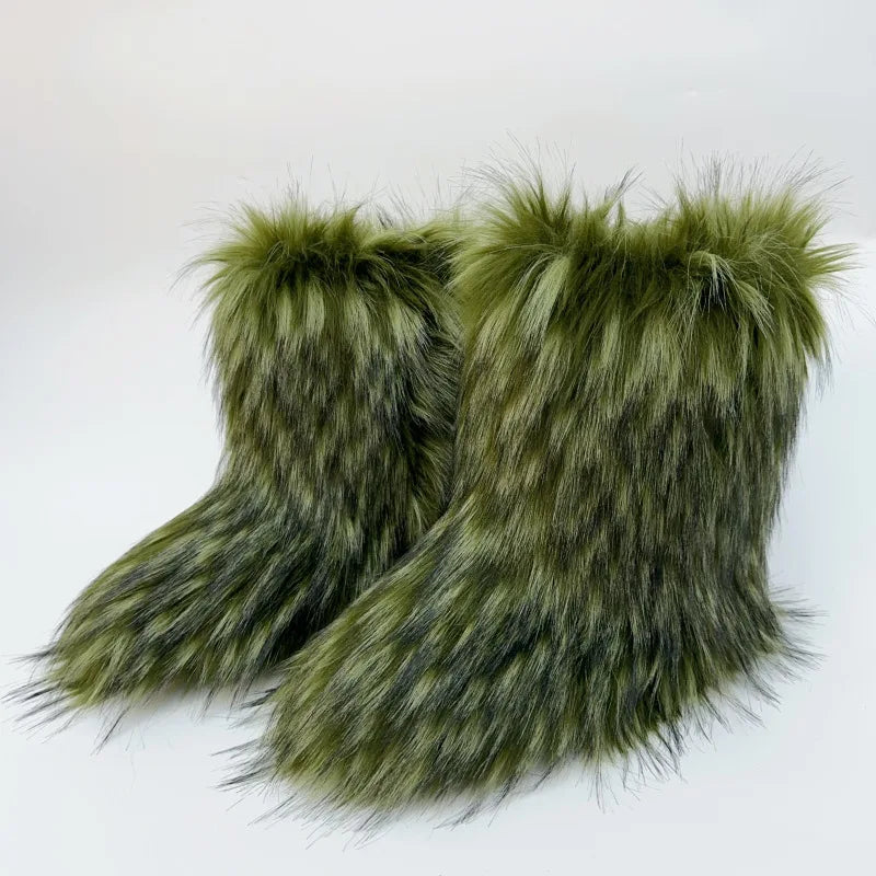 2023 Y2k Fur Snow Boots for Women Winter Warm Plush Boots Outdoor Platform Solid Color Mid Calf Boots Furry Cute Girl Shoes