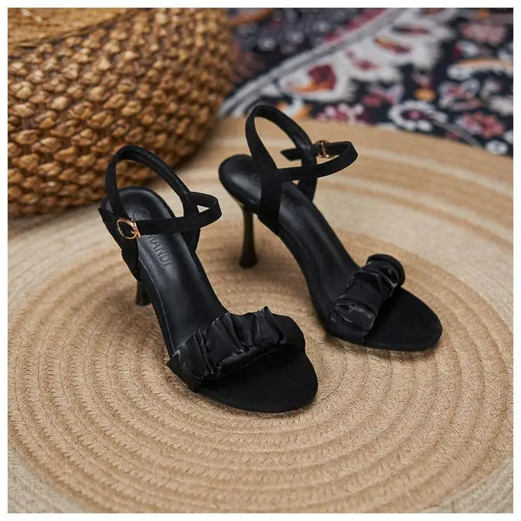 31-43 New High Heels Thin Heel Large Size Buckle Sandals Women Ribbon Fashion Black Women's Shoes