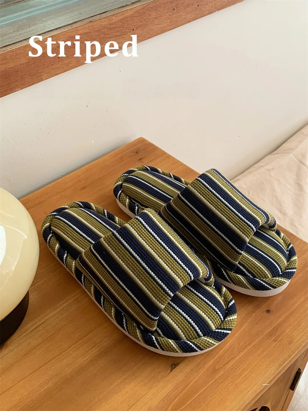 Comfortable Cotton Linen Slippers Women Stripe Design Soft Floor Shoes Four Seasons