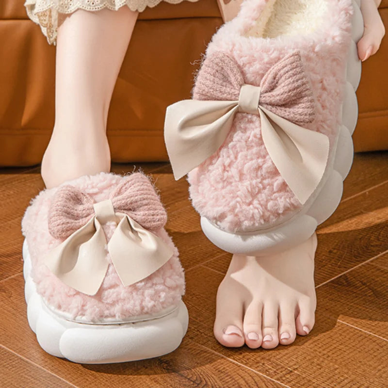Sweet Bowknot Furry Indoor Slippers Women 2025 Winter Comfort Non Slip Home Cotton Slippers Warm Fluffy Fur Slides for Woman