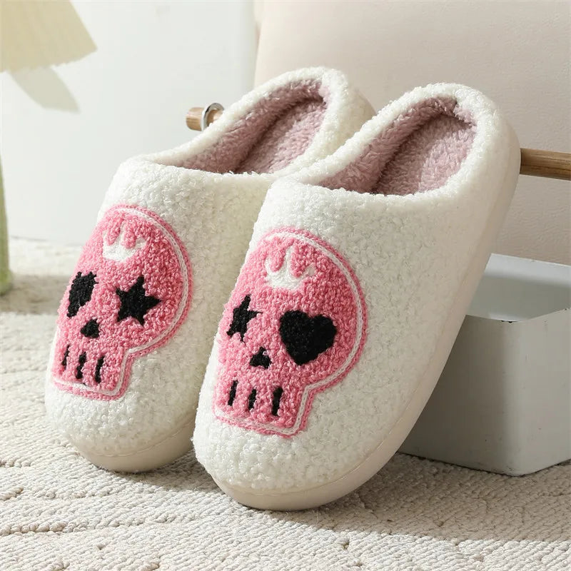 Punk Pink Skull Embroidery Couple Slippers Women 2025 Winter Comfort Flat Heel Cotton Slides Non Slip Plush Indoor Slippers