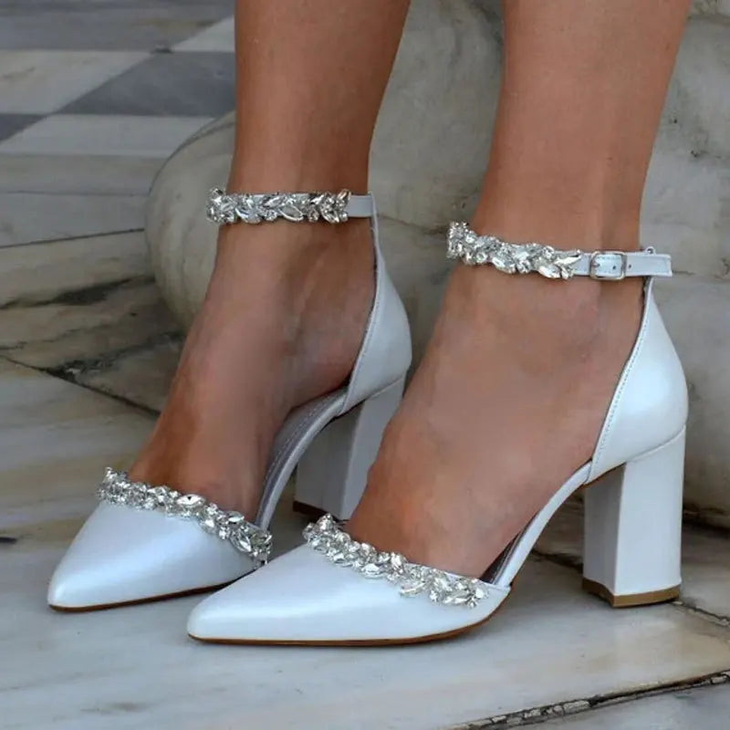 Pointed High Heel Thick Heel Spring and Summer New Rhinestone Temperament Bag Head Word with Shallow Mouth Women's Shoes