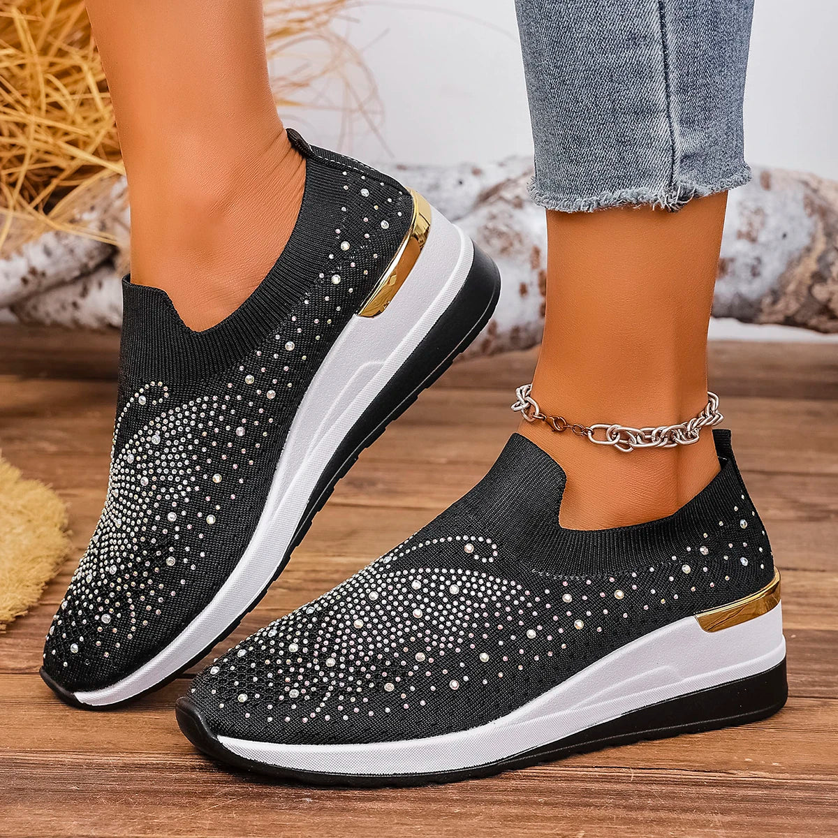 2025 Women Wedges Platform Sneakers Autumn Fashion Woven Round Toe Casual Sneakers Sports Slip-on Non Slip Vulcanized Shoes