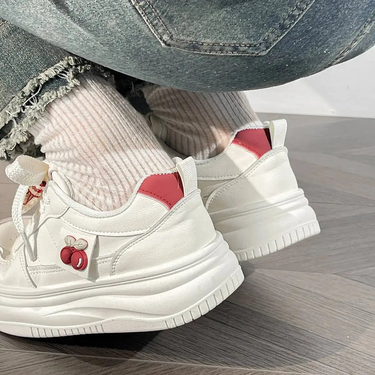 Women's Cute Cherry Platform Casual Sneakers Soft Sole Height-Increasing Unique Design Student Versatile Shoes